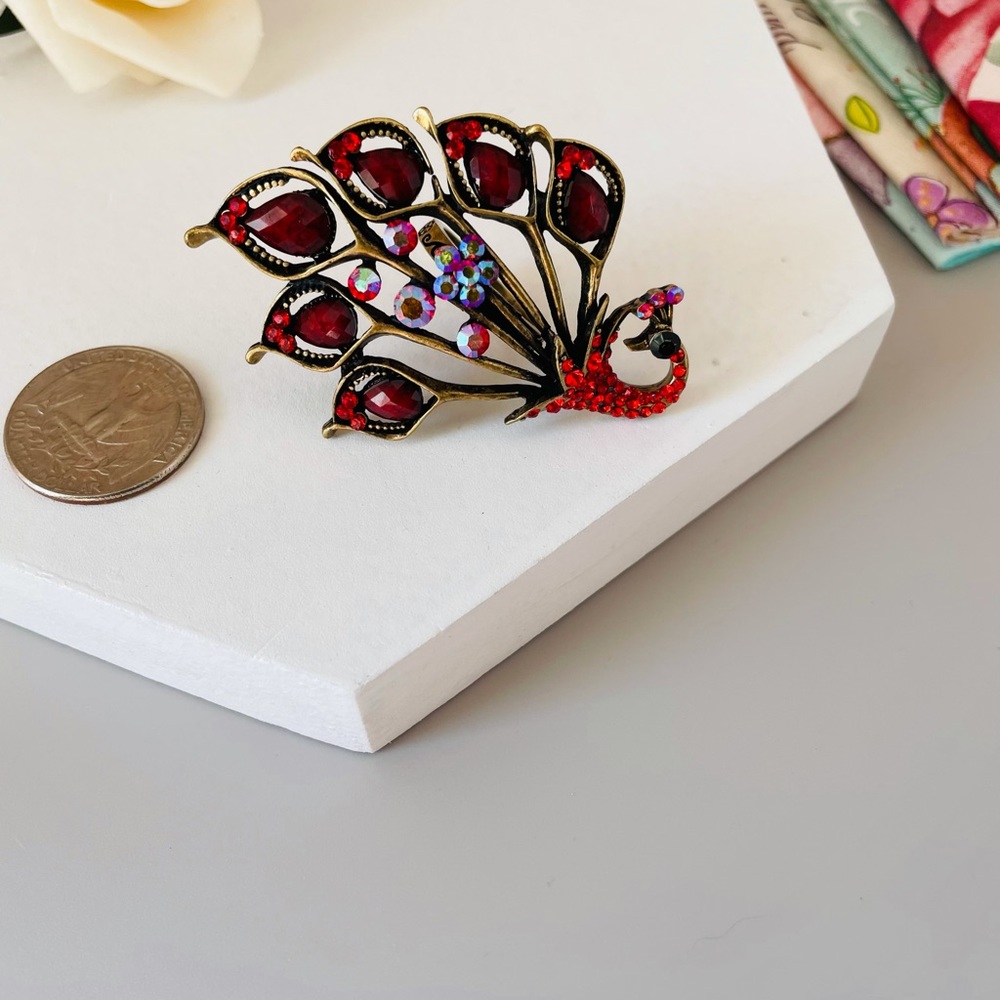 Anna Sui Vintage Red Crystals Peacock Ring